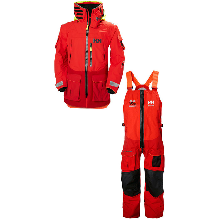 2019 Helly Hansen Aegir Ocean Jacket 30335 & Broek 36269 Combi Set Alert Red