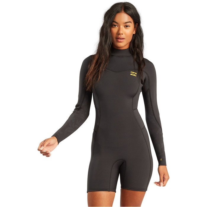2021 Billabong Womens Synergy 2mm Long Sleeve Back Zip Shorty Wetsuit W42G58 - Black Tropic