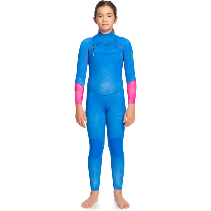 2021 Roxy Pop Meisje Surf 3/2mm Chest Zip Gbs Wetsuit Ergw103036 - Prinses Blauw / Rode Biet Purple