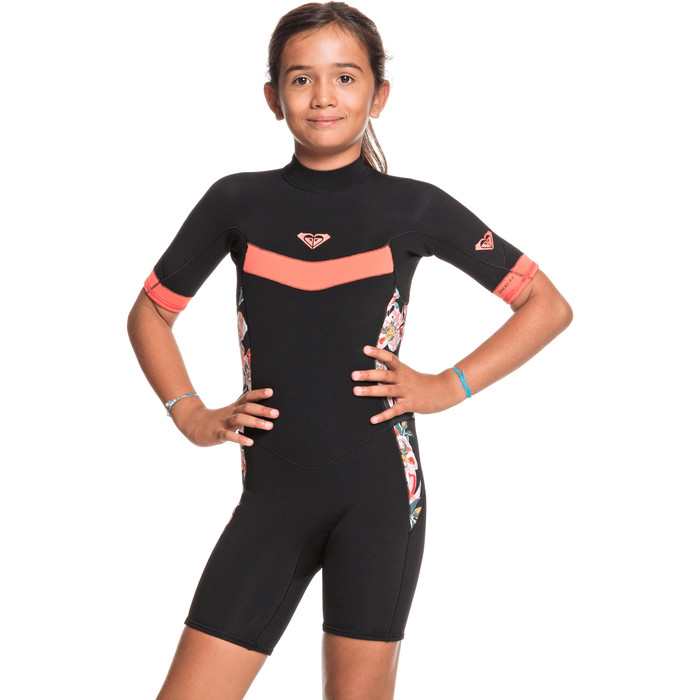 2021 Roxy Girl's Syncro 2/ 2mm Back Zip Spring Shorty Wetsuit Ergw503010 - Preto / Coral