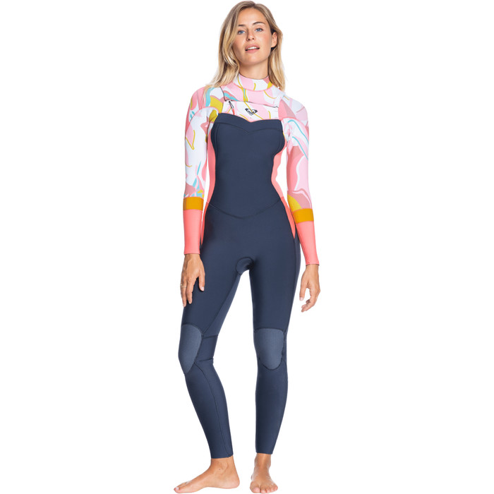 2022 Roxy Femmes Syncro 3/2mm Chest Zip Gbs Combinaison Erjw103088 - Jet Gris / Coral Flamme / Or Temple