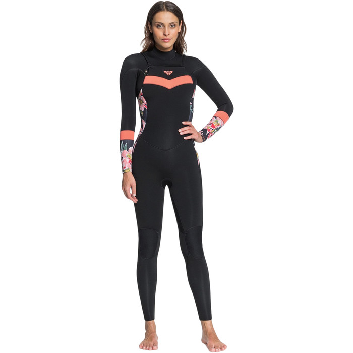 2021 Roxy Womens Syncro 4/3mm Chest Zip Wetsuit ERJW103055 - Black / Bright Coral