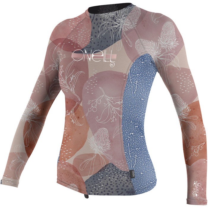 2022 O'neill Premium Skins Lycra Vest Met Lange Mouwen Voor Meisjes 4176 - Desert Bloom / Drift Blue