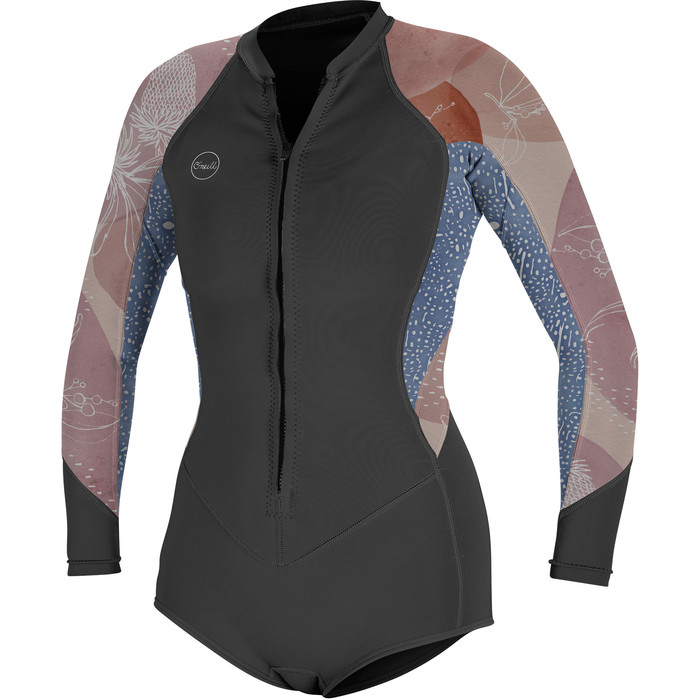 2022 O'Neill Womens Bahia 2mm Front Zip Long Sleeve Shorty Wetsuit 5363 - Graphite / Drift Blue / Desert Bloom