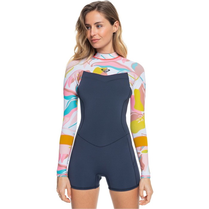 2022 Roxy Womens Syncro 2mm Long Sleeve Shorty Wetsuit ERJW403035 - Jet Grey / Coral Flame / Temple Gold