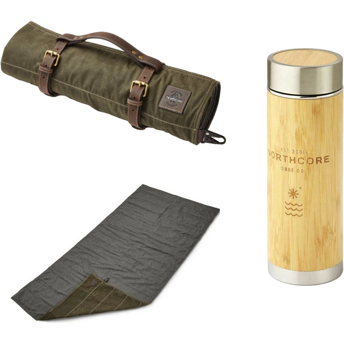 2024 Northcore Waxed Canvas Adventure Camping Roll & Bamboo & Stainless Steel Flask Bundle NC1997 - Verde