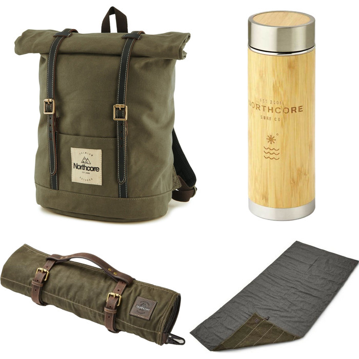 2024 Northcore Waxed Canvas Back Pack, Adventure Camping Roll & Bamboo & Edelstahlflasche Bundle NC118 - Olivgrn