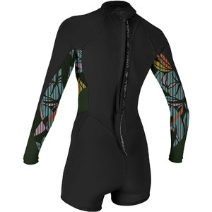 2021 O'Neill Womens Bahia 2/1mm Back Zip Long Sleeve Shorty Wetsuit 5291 - Black / Baylen / Dark Olive