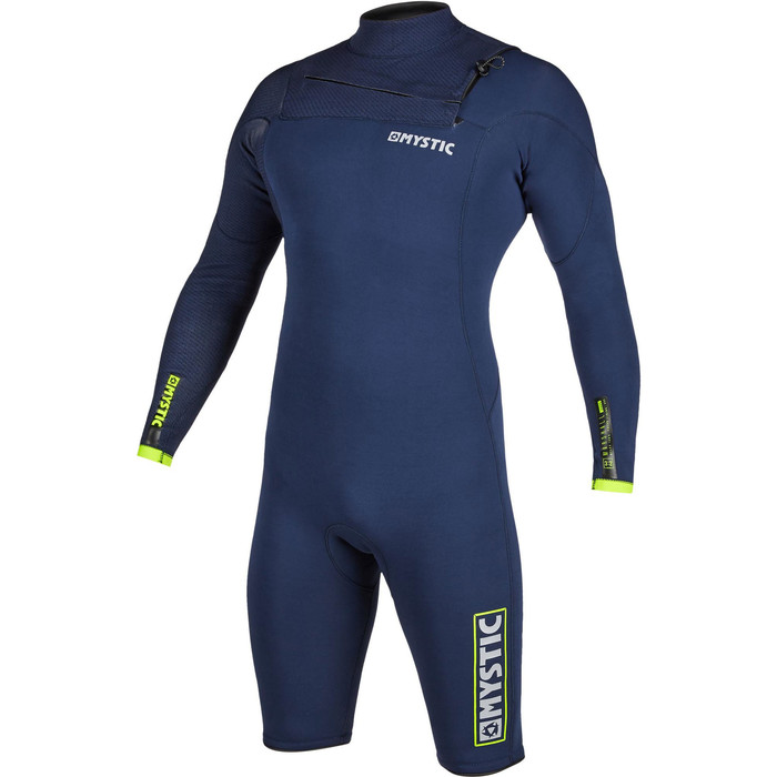 2020 Mystic Mens Marshall 3/2mm Long Sleeve Chest Zip Shorty Wetsuit 200060 - Navy / Lime