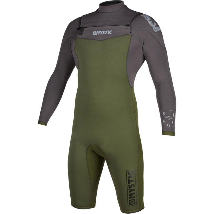 2021 Mystic Mens Star 3/2mm Long Sleeve Chest Zip Shorty Wetsuit 200063 - Grey / Green