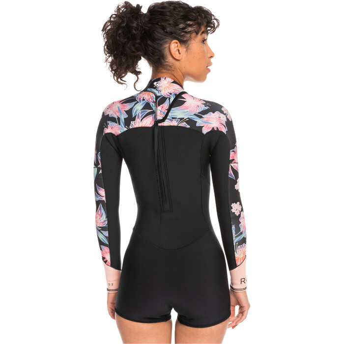 2024 Roxy Dames Swell Series 2mm Lange Mouwen Rug Ritssluiting Shorty Wetsuit ERJW403054 - Anthracite / Paradise Found