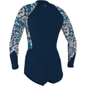 2024 O'Neill Dames Bahia 2/1mm Lange Mouwen Voorkant Ritssluiting Shorty Wetsuit 5363 - French Navy / Crisflor