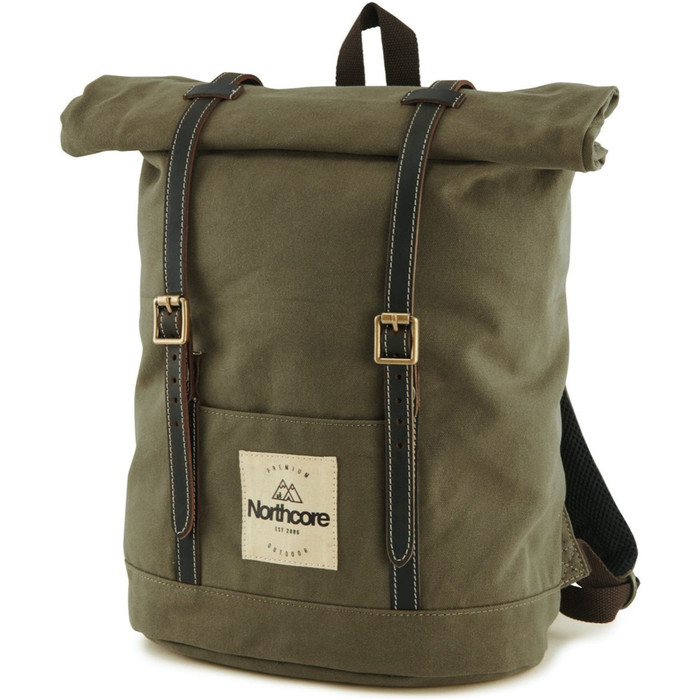 2024 Northcore Waxed Canvas Back Pack, Adventure Camping Roll & Bamboo & Edelstahlflasche Bundle NC118 - Olivgrn