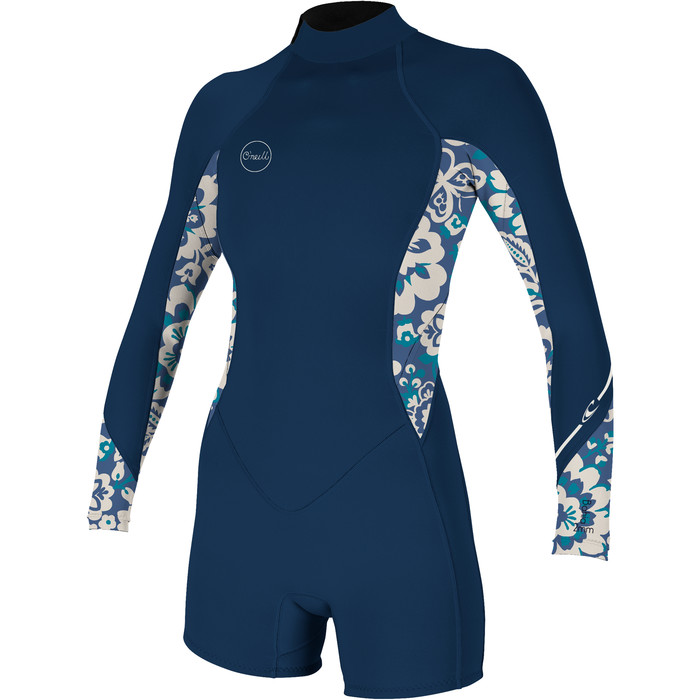 2024 O'Neill Women Bahia 2/1mm Long Sleeve Back Zip Shorty Wetsuit 5291 - French Navy / Crisflor