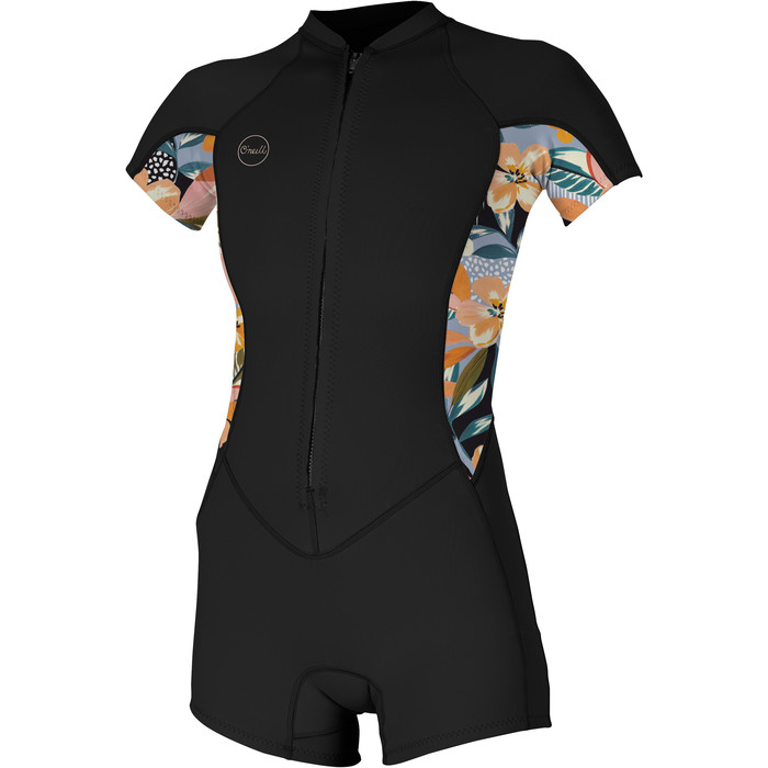 2023 O'Neill Dames Bahia 2/1mm Voorkant Ritssluiting Shorty Wetsuit 5293 - Black / Demiflor