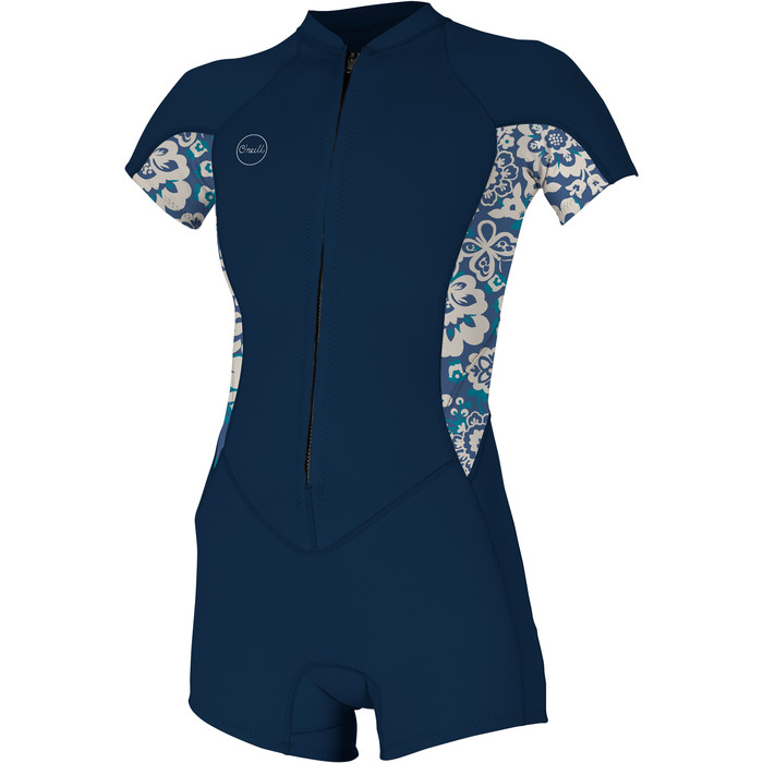 2024 O'Neill Dames Bahia 2/1mm Voorkant Ritssluiting Shorty Wetsuit 5293 - French Navy / Crisflor