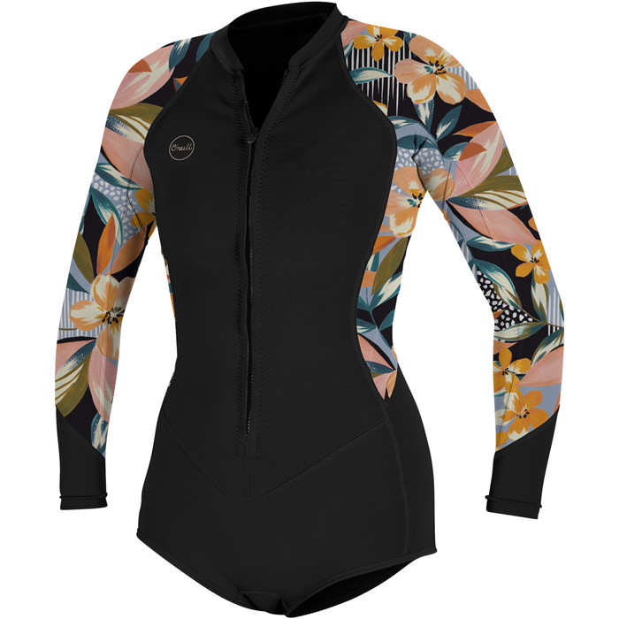 2024 O'Neill Womens Bahia 2/1mm Long Sleeve Front Zip Shorty Wetsuit 5363 - Black / Demiflor