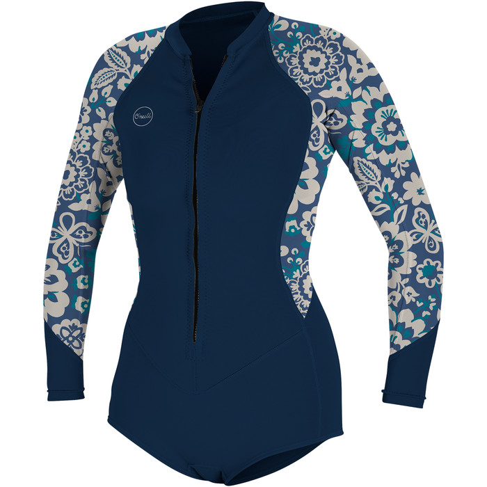 2024 O'Neill Dames Bahia 2/1mm Lange Mouwen Voorkant Ritssluiting Shorty Wetsuit 5363 - French Navy / Crisflor