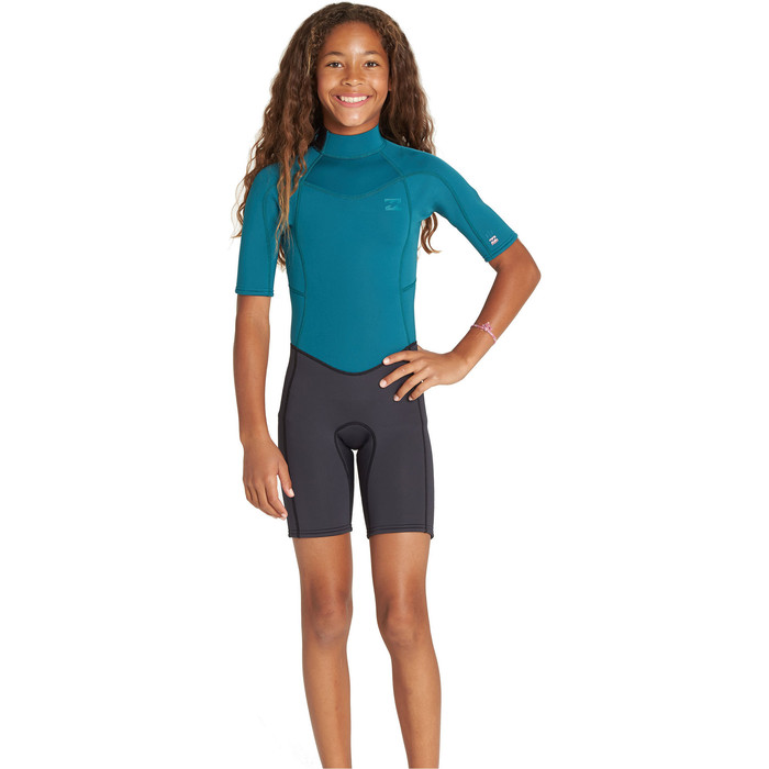 2019 Billabong Junior Fille Synergy 2mm Back Zip Shorty Wetsuit Pacific N42b07