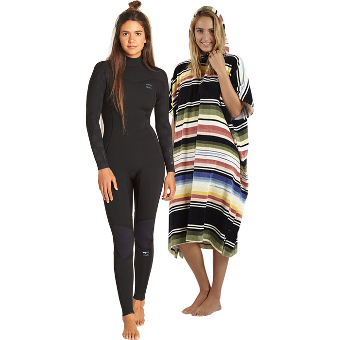 Billabong Womens Furnace Synergy 3/2 Back Zip GBS Wetsuit & Salty Hooded Poncho Package - Black Palms