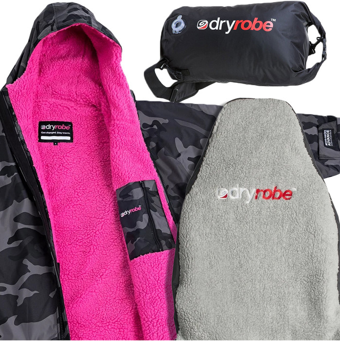 2022 Dryrobe Advance Long Sleeve Premium Outdoor Changing Robe, Compression Bag & Car Seat Cover Bundle Black / Camo / Pink