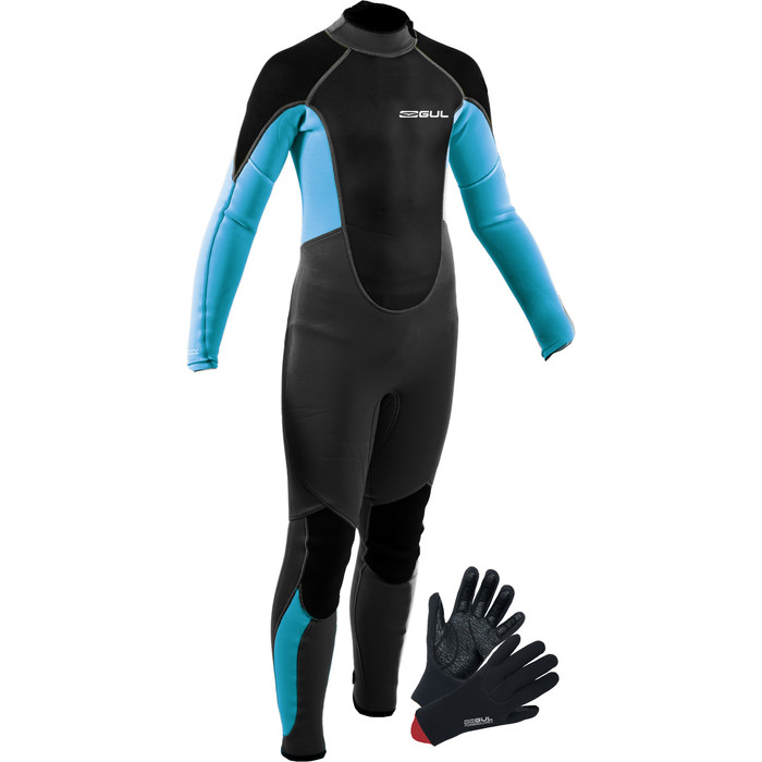 2021 Gul Junior Response 3/2mm Back Zip Wetsuit & Power Glove Bundle - Grey / Blue Aster