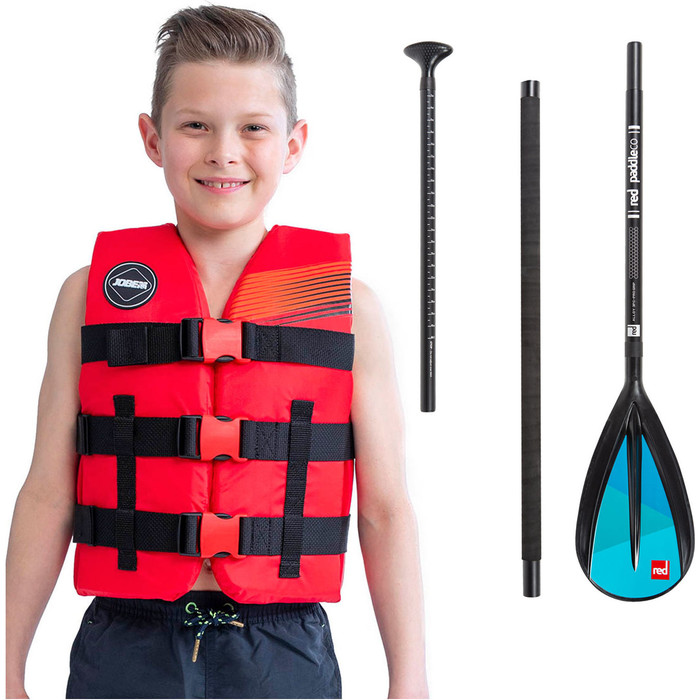 2020 Jobe Junior 50N Impact Vest & Red Paddle Co Kids Alloy 3-Piece SUP Paddle Package Deal - Red