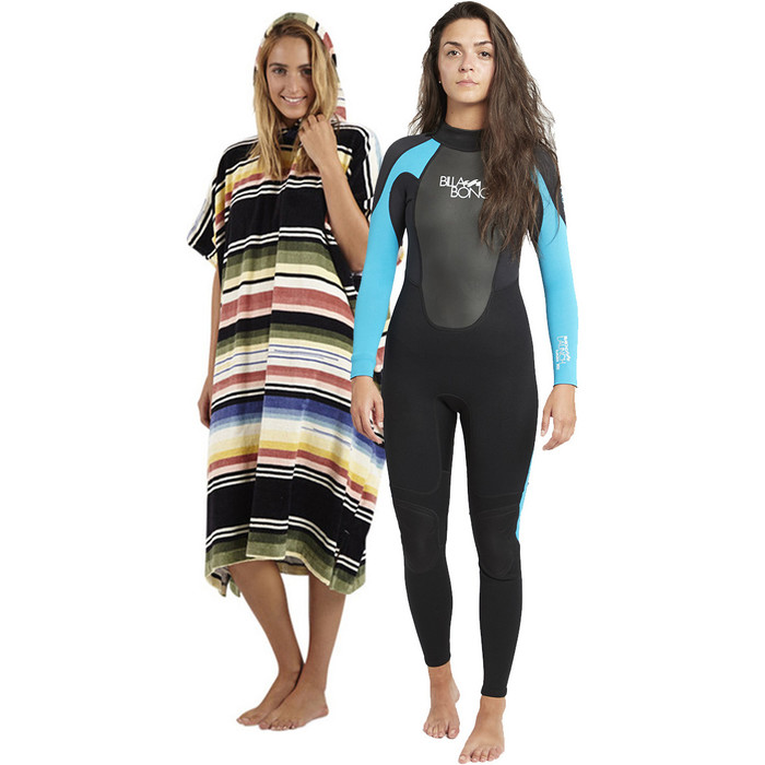 2024 Billabong Ladies Launch Wetsuit 5/4 / 3mm Turquoise & Salty Hooded Towel Bundle Offerta