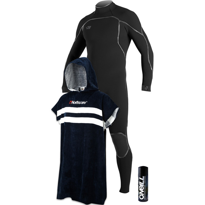 O'Neill Mens Psycho One 5/4mm Back Zip Wetsuit Black + Wetsuit Shampoo & Northcore Beach Basha Changing Robe Blue Stripes
