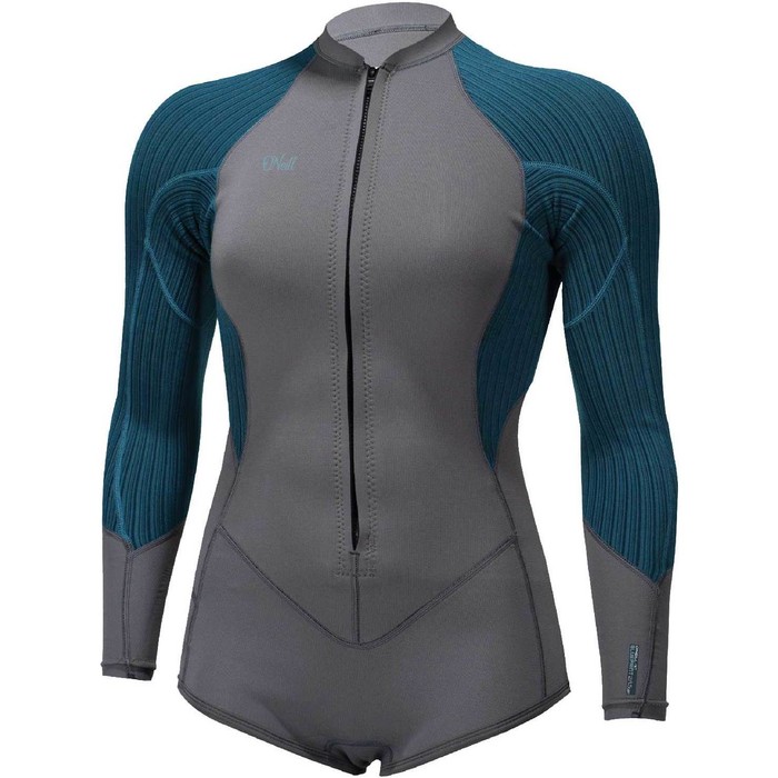 2021 O'Neill Womens Blueprint 2/1mm Front Zip Long Sleeve Shorty Wetsuit 5447 - Graphite / Blue Haze