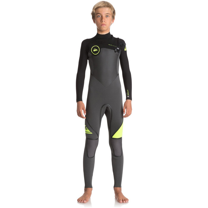 2018 Quiksilver Boys Syncro+ 4/3mm Chest Zip Wetsuit JET BLACK / SAFETY YELLOW EQBW103029