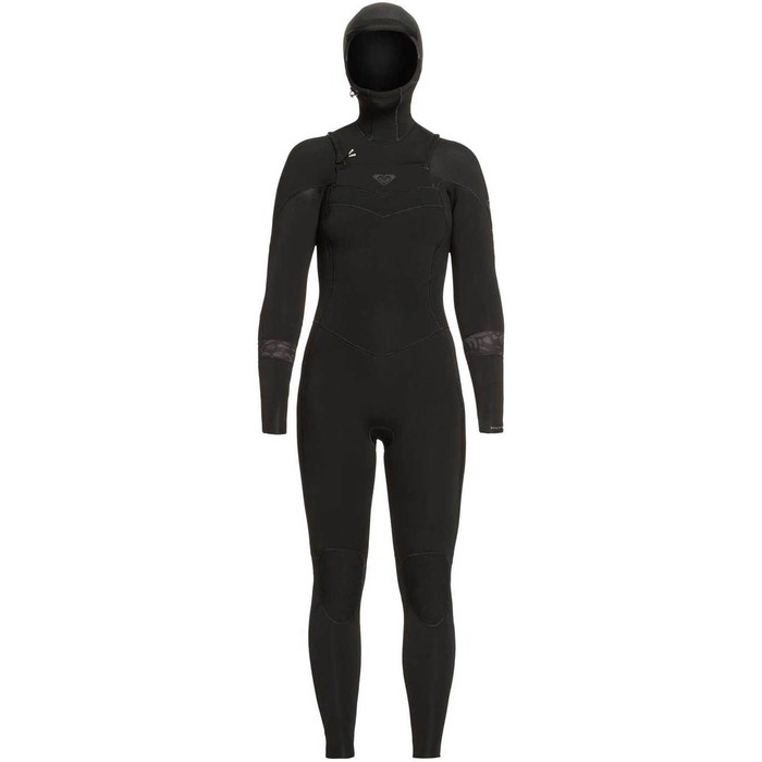 2020 Roxy Vrouwen Syncro 5/4/3mm Hooded Chest Zip Wetsuit Erjw203006 - Zwart / Jet Black