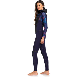 2019 Roxy Vrouwen Syncro Plus 5/4/3mm Hooded Chest Zip Wetsuit Blauw Lint / Coral Vlam Erjw203002