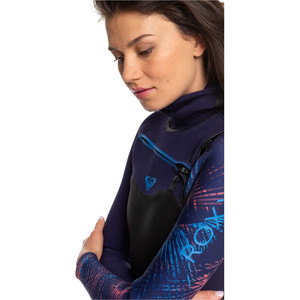 2019 Roxy Vrouwen Syncro Plus 5/4/3mm Hooded Chest Zip Wetsuit Blauw Lint / Coral Vlam Erjw203002