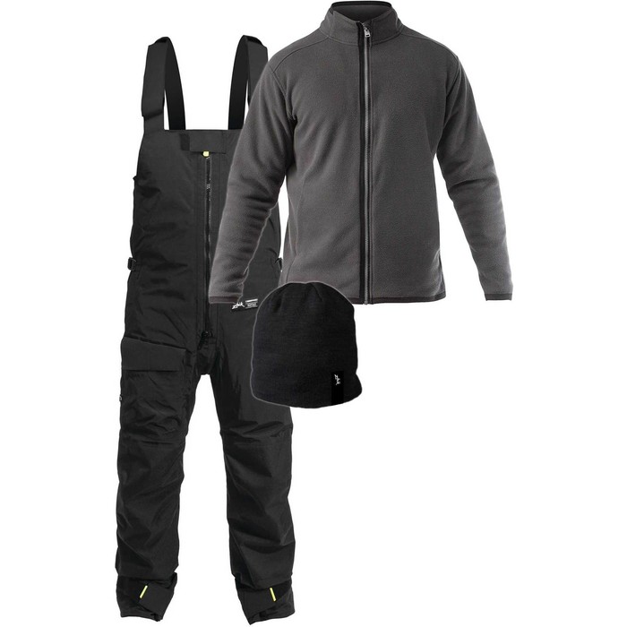 Zhik Mens Zip Fleece, Kiama Sailing Trousers & Fleece Beanie Package Deal - Dark Grey / Black