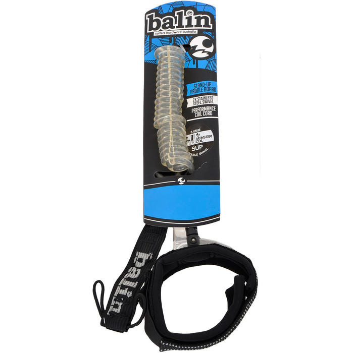 2024 Balin Monster Coil 8mm Double Swivel Knee SUP Leash 10ft Clear