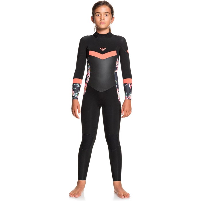 2021 Roxy Girls Syncro 3/2mm Back Zip Wetsuit ERGW103030 - Black / Bright Coral