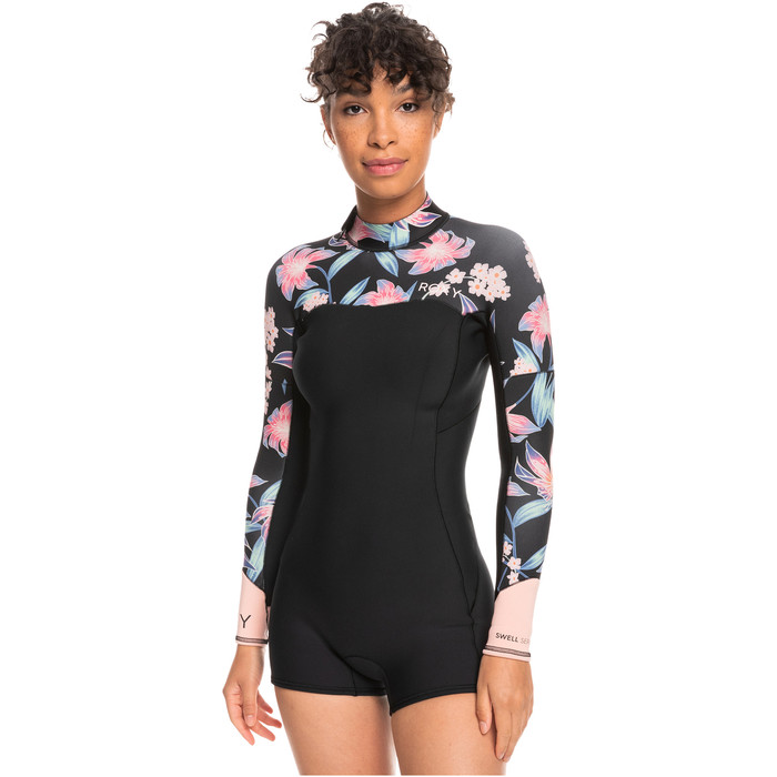 2024 Roxy Womens Swell Series 2mm Long Sleeve Back Zip Shorty Wetsuit ERJW403054 - Anthracite / Paradise Found