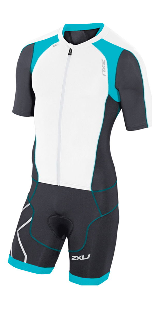 2XU Mens Compression Full Zip Trisuit White / Capri Blue MT3613D