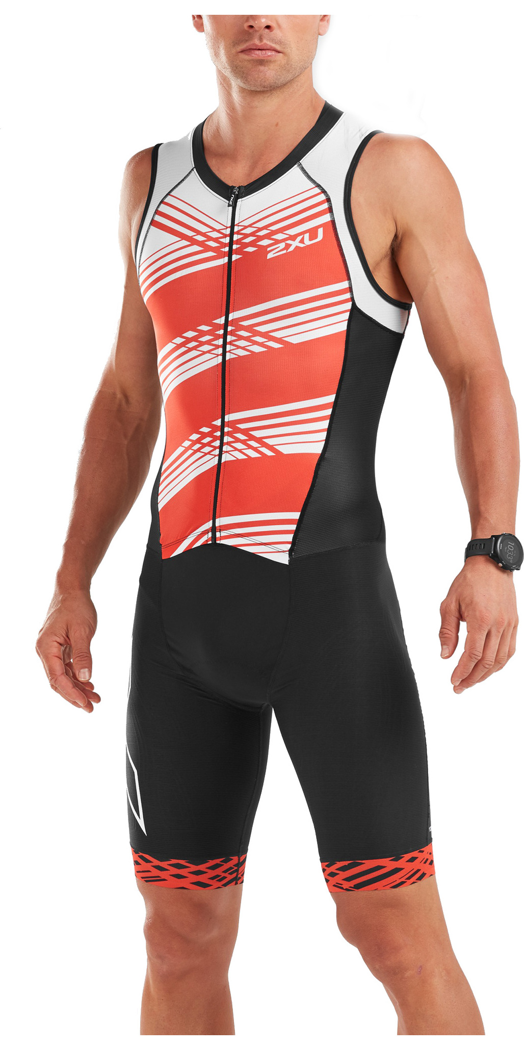 2XU Mens Triathlon Suit Black Red Zipper Stretch Sleeveless L 