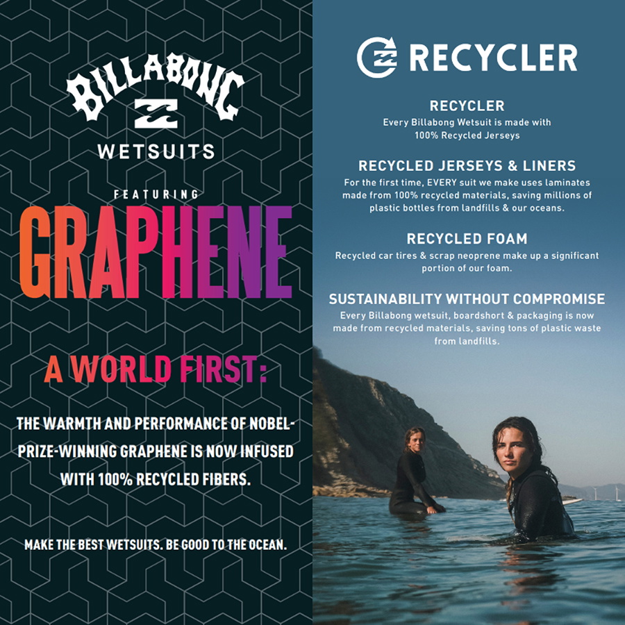 Visuel promotionnel Billabong Wetsuits présentant la doublure Graphene et les matériaux recyclés Recycler