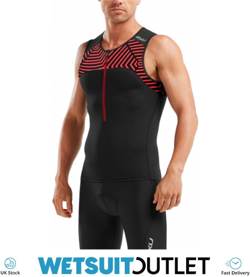 2019 2XU Mens Active Tri Singlet / Vest Black / Flame Scarlet MT5541a