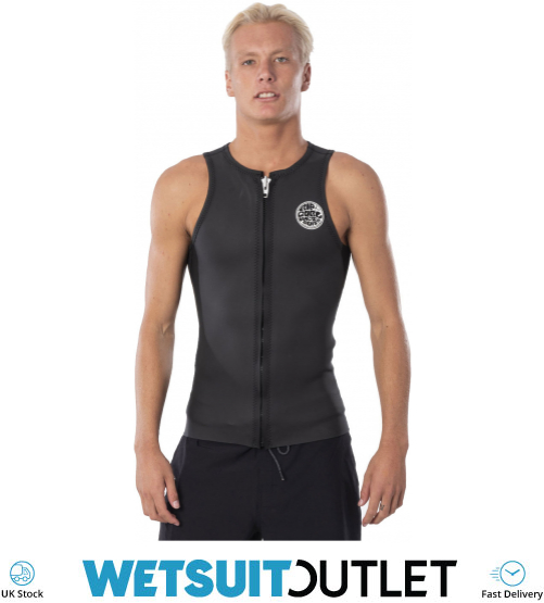 Black Rip Curl Mens Dawn Patrol Front Zip Neoprene Wetsuit Vest Top E5 mesh Smoothy Body and top arms Easy Stretch