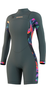 2021 Mystic Womens Dazzled 3/2mm Chest Zip Long Sleeve Shorty Wetsuit 210116 - Dark Leaf