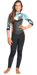 2021 Roxy Meisje Syncro 4/3mm Back Zip Gbs Wetsuit Ergw103044 - Zwart / Bleke Coral / Boter