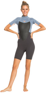 2022 Roxy Vrouwen Prologue 2 / 2mm Back Zip Shorty Wetsuit Erjw503018 - Wolk Zwart / Poedervorm Grijs / Sunglow