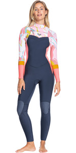 2022 Roxy Femmes Syncro 4/3mm Chest Zip Gbs Combinaison Erjw103086 - Jet Gris / Coral Flamme / Or Temple