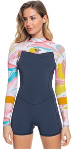 2022 Roxy Womens Syncro 2mm Long Sleeve Shorty Wetsuit ERJW403035 - Jet Grey / Coral Flame / Temple Gold
