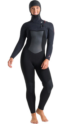 2024 C- Skins Womens ReWired 6/5mm Chest Zip Hooded Wetsuit C-RW65WH - Black / Crimson