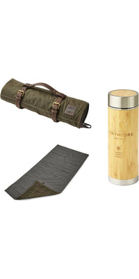 2023 Northcore Waxed Canvas Adventure Camping Roll & Bamboo & Stainless Steel Flask Bundle NC1997 - Green